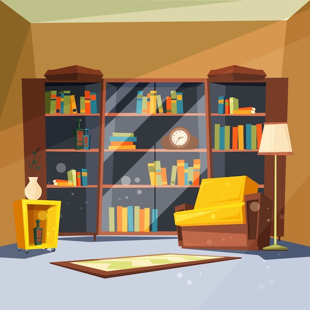 Vector habitación con libros. apartamento de la casa con estantes de la biblioteca en el interior de la sala de estar para leer la imagen