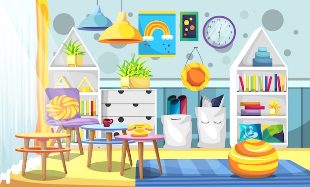 Vector habitación limpia para niños con estilo de muebles escandinavos, lámparas de techo, plantas artificiales, reloj, mesa y sillas para ilustración diseño de interiores