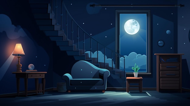 Vector una habitación con una luna llena y una ventana con una vista de las escaleras