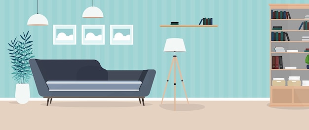Habitación moderna y luminosa. Salón con sofá, armario, lámpara, cuadros. Mueble. Interior. .