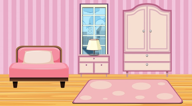 Habitación con muebles de color rosa y papel pintado.