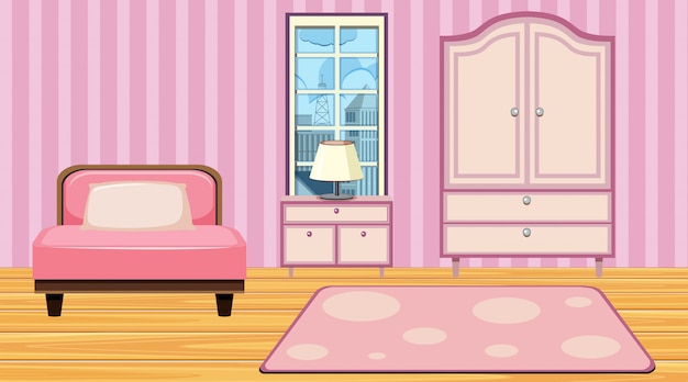 Vector habitación con muebles de color rosa y papel pintado.