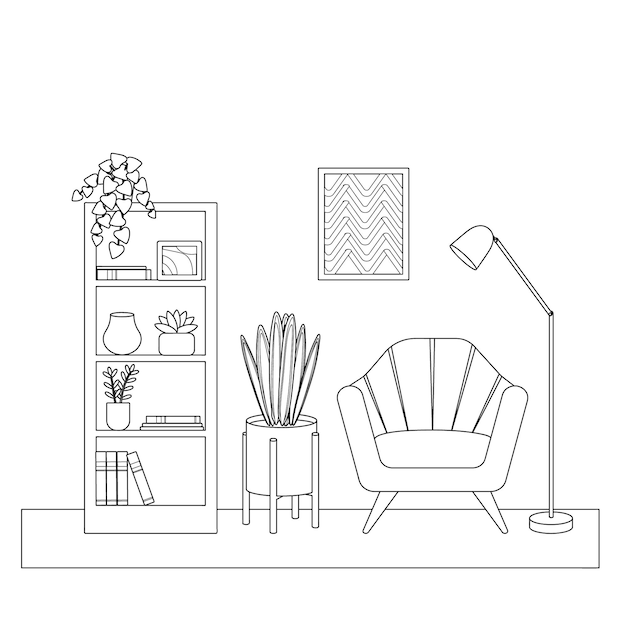 Una habitación con muebles un sillón un cuadro una estantería flores un sencillo esquema de libro para colorear
