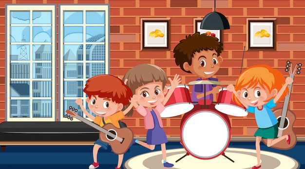 Habitación con niños tocando música en banda
