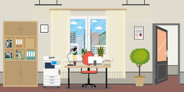 Habitación de oficina vacía ventana puerta abierta y muebles modernos