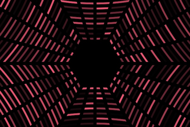 Una habitación oscura con un patrón geométrico rojo y negro.