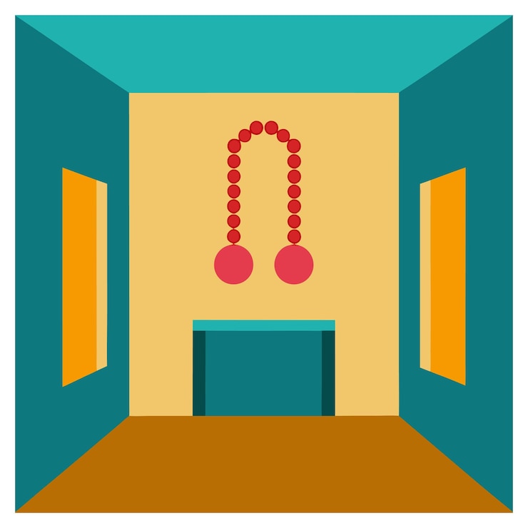 Vector una habitación con una puerta y un candelabro colgando del techo