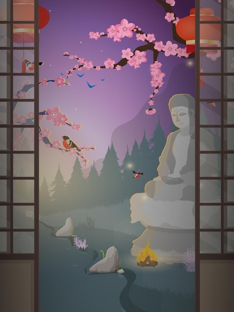 Una habitación con una puerta corredera japonesa tradicional Banner horizontal Ilustración vectorial