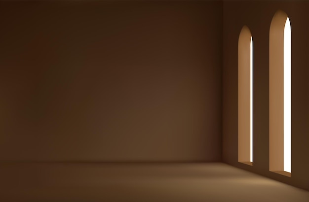 Habitación realista con grandes ventanales y luz solar. Representación 3d de composición mínima. Fondo habitación espaciosa vacía, pasillo, sin gente. ilustración vectorial