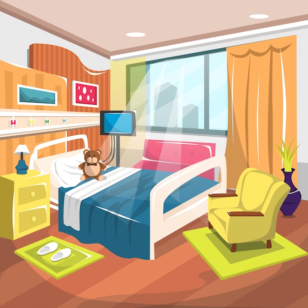 Habitación de rehabilitación para niños hospitalizados con cama grande