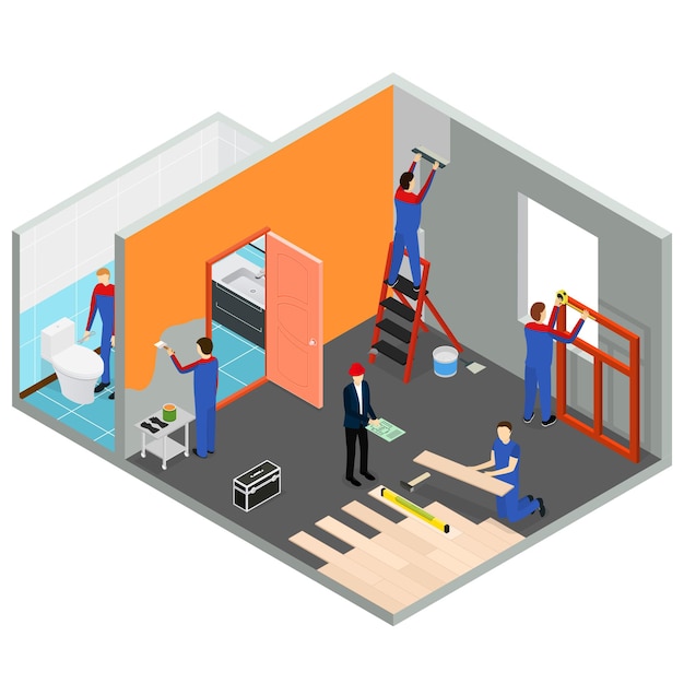 Habitación de renovación interior o casa Vista isométrica Servicio de proyecto de reparación de decoración moderna. Ilustración vectorial