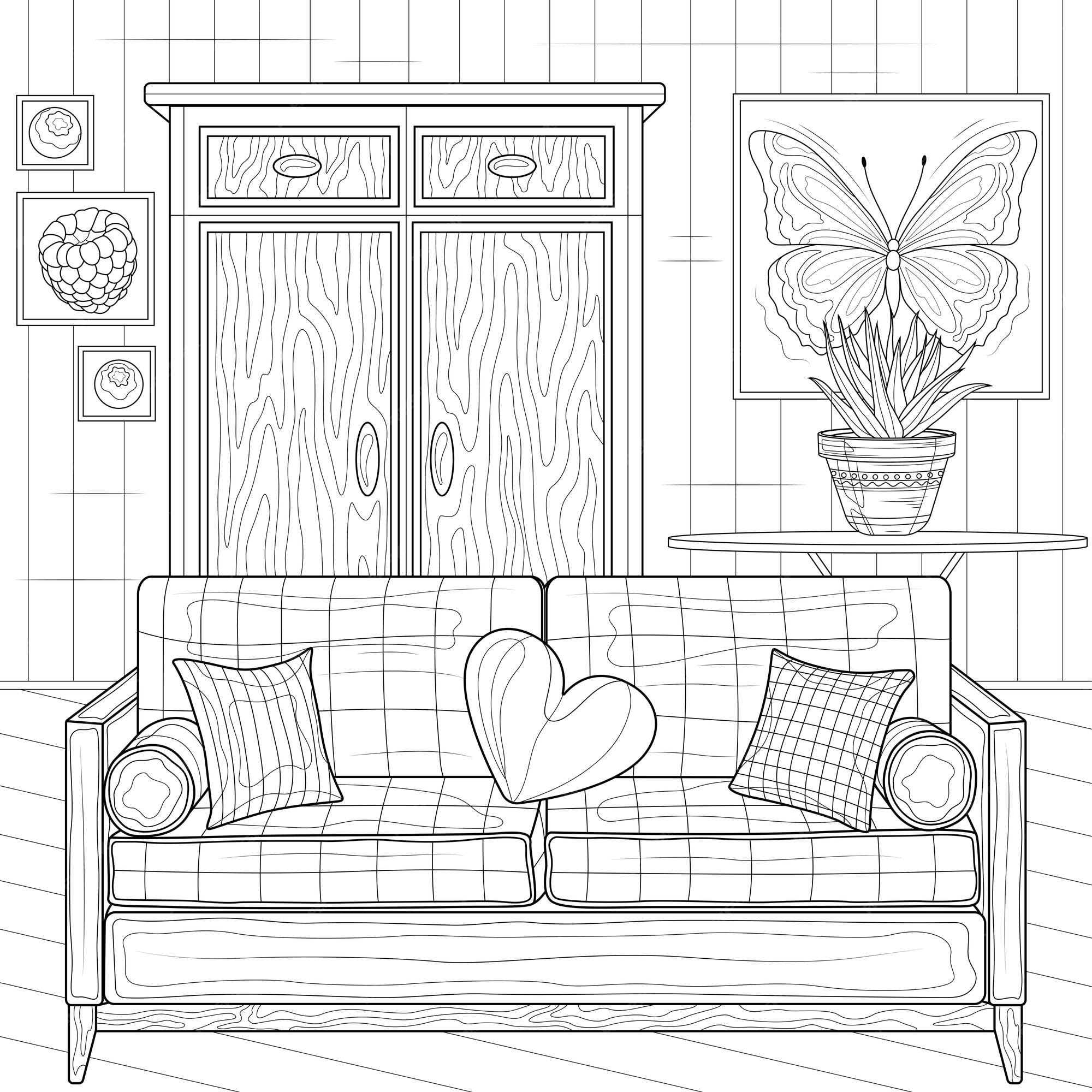 Habitación con sofá y armario. interior libro de colorear antiestrés para  niños y adultos. estilo zen-enredo dibujo en blanco y negro. | Vector  Premium