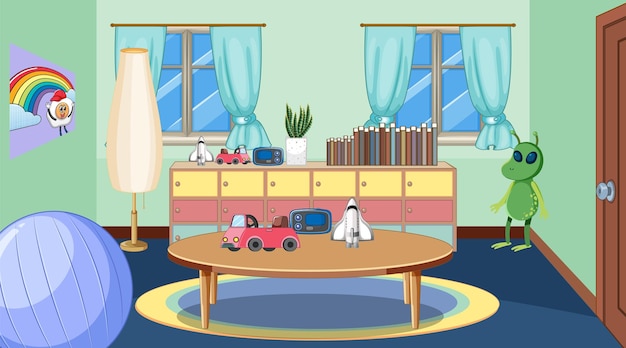 Habitación vacía con mesa y juguetes.