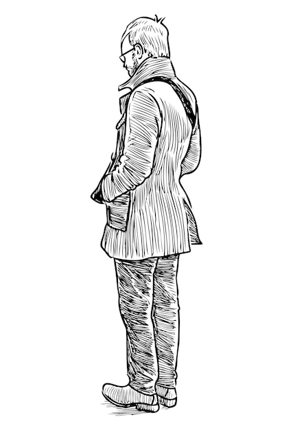 Habitante de la ciudad hombre gafas abrigo de pie moda moderna vista trasera boceto vector realista