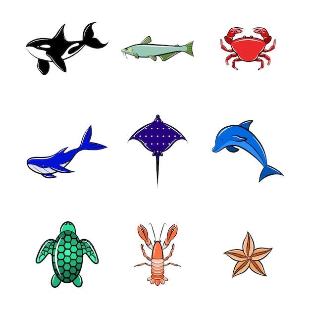 Los habitantes del mar dibujos animados icono conjunto aislado vector pegatina clip art océano animal pescado delfín tiburón estrella de mar ballena tortuga cangrejo camarón plano colorido emblema gráfico