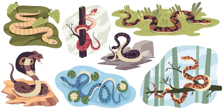 Vector habitat de serpientes diferentes condiciones naturales animales escamosos que se arrastran en ramas en el agua en el desierto atmósfera adecuada vida silvestre tropical cobra y pitón juego plano de dibujos animados vectorial ordenado
