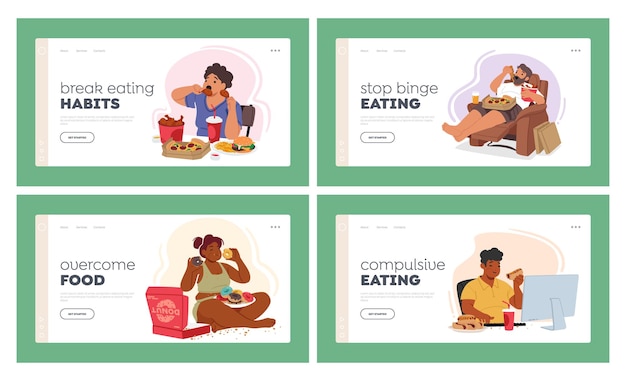 Hábitos de comer en exceso Plantilla de página de aterrizaje Conjunto de personajes con sobrepeso con hábitos alimentarios obsesivos