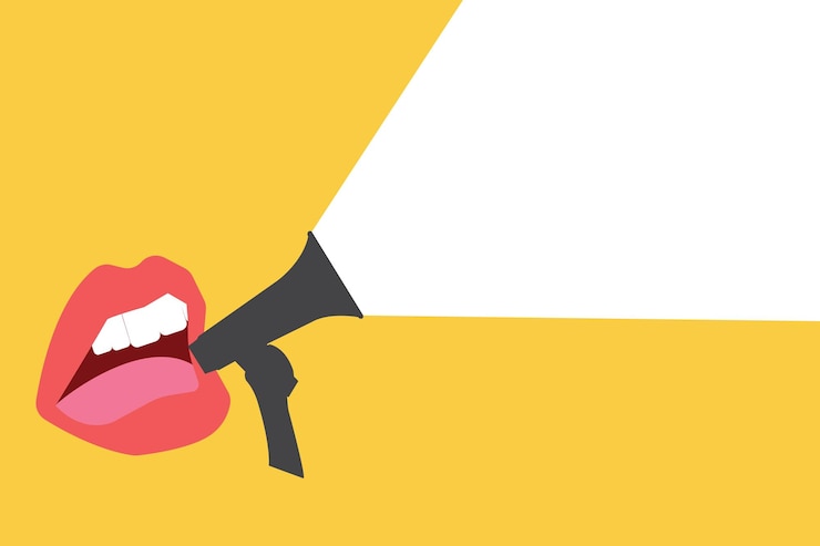 Vector habla con la boca grande con megafono habla o comentario concepto de promoción de carrera comunicación noticias infográfico copia espacio para anuncio