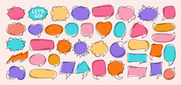 Habla burbuja cómic garabateo caja de chat conjunto contorno diseño vacío nubes de diálogo mensaje vector de banner