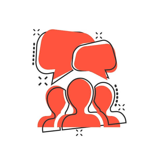 Hablar icono de signo de chat en estilo cómic Ilustración de dibujos animados de vector de diálogo de burbuja sobre fondo blanco aislado Efecto de salpicadura de concepto de negocio de botón de discusión de equipo