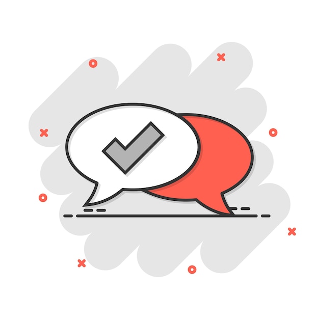Hablar icono de signo de chat en estilo cómico Bocadillo de diálogo con marca de verificación ilustración vectorial de dibujos animados sobre fondo blanco aislado Concepto de negocio de efecto de salpicadura de botón de discusión de equipo