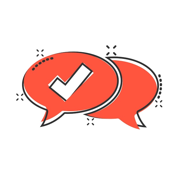 Hablar icono de signo de chat en estilo cómico Bocadillo de diálogo con marca de verificación ilustración vectorial de dibujos animados sobre fondo blanco aislado Concepto de negocio de efecto de salpicadura de botón de discusión de equipo