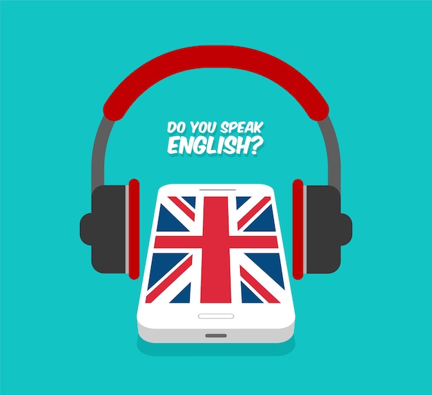 ¿hablas el concepto de inglés? aprender en línea. smartphone con vista frontal de auriculares. bandera de gran bretaña en la pantalla de un teléfono.
