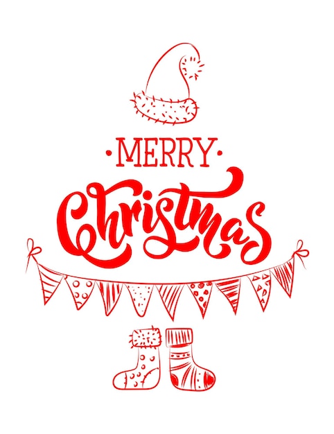 Se hacen tarjetas de felicitación de feliz Navidad con un bonito árbol de Navidad con banderas y letras.