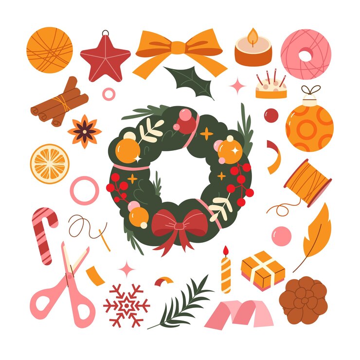 Vector hacer una corona de navidad conjunto de elementos dibujados a mano para crear una corona de navidad