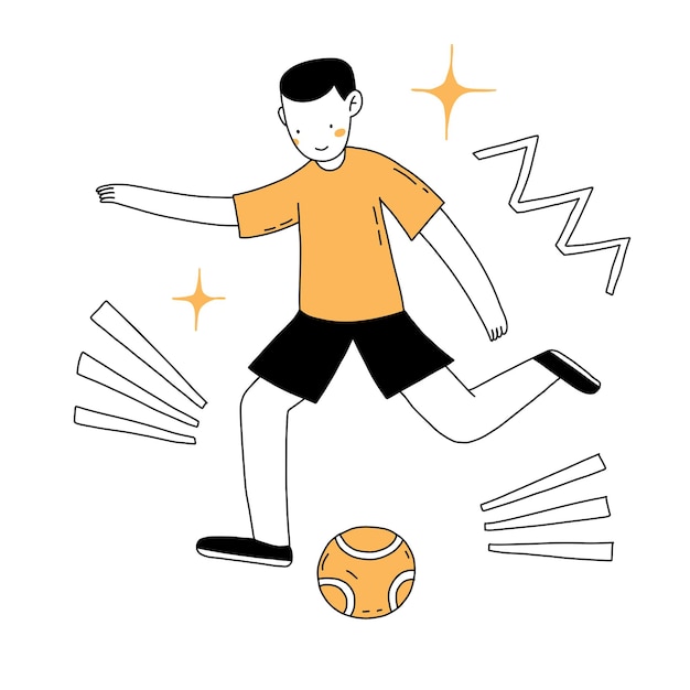 Hacer deporte doodle ilustración de contorno dibujado a mano plana Diseño de personajes de fútbol de vector de línea simple