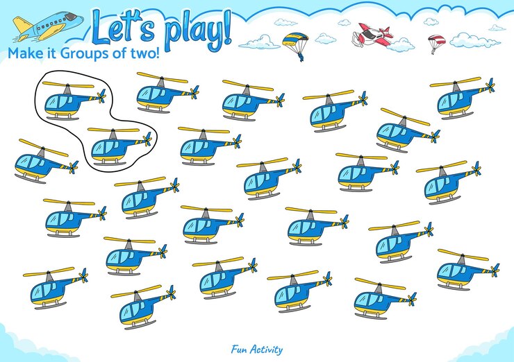 Vector hacer grupos de dos divertido juego de lógica para actividades de niños transporte aéreo