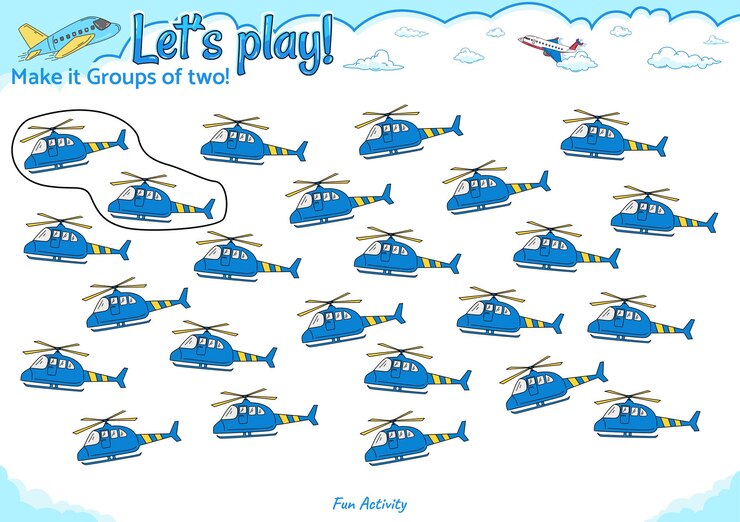 Vector hacer grupos de dos divertido juego de lógica para actividades de niños transporte aéreo
