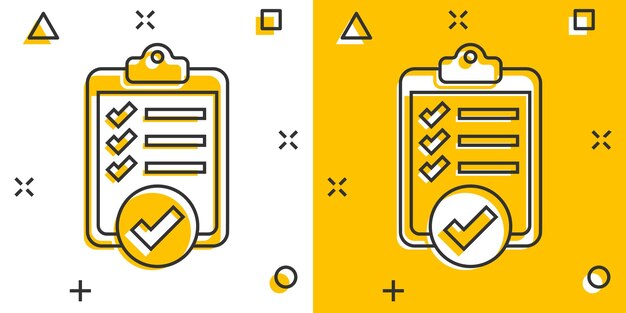 Para hacer icono de lista en estilo cómico Lista de comprobación de documentos Ilustración vectorial de dibujos animados en fondo blanco aislado Cuaderno de notas Marca de verificación Efecto de salpicaduras Concepto de negocio