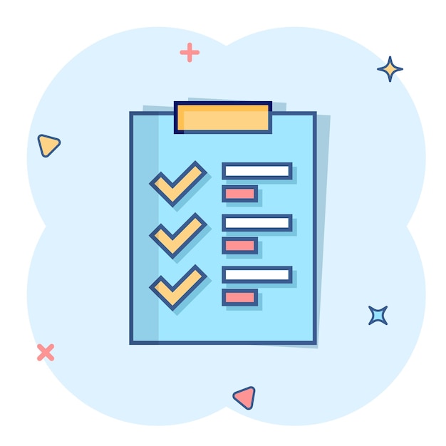 Para hacer icono de lista en estilo cómico Lista de comprobación de documentos Ilustración vectorial de dibujos animados en fondo blanco aislado Cuaderno de notas Marca de verificación Efecto de salpicaduras Concepto de negocio