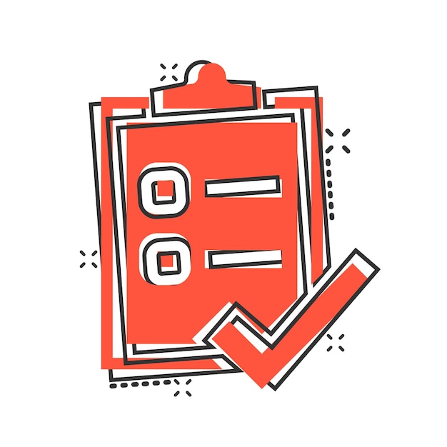 Para hacer icono de lista en estilo cómico Lista de comprobación de documentos Ilustración vectorial de dibujos animados en fondo blanco aislado Cuaderno de notas Marca de verificación Efecto de salpicaduras Concepto de negocio