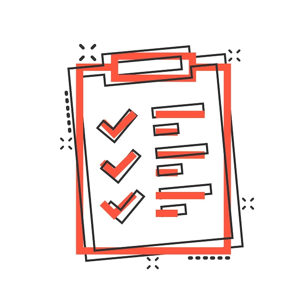 Para hacer icono de lista en estilo cómico Lista de comprobación de documentos Ilustración vectorial de dibujos animados en fondo blanco aislado Cuaderno de notas Marca de verificación Efecto de salpicaduras Concepto de negocio