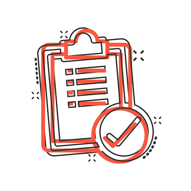Para hacer icono de lista en estilo cómico Lista de comprobación de documentos Ilustración vectorial de dibujos animados en fondo blanco aislado Cuaderno de notas Marca de verificación Efecto de salpicaduras Concepto de negocio