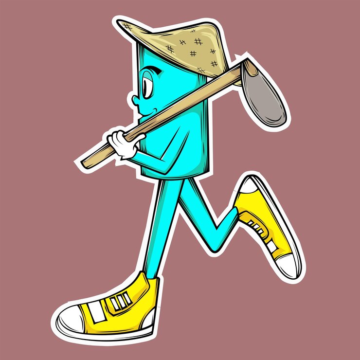 hacer una linda mascota de dibujos animados de una muñeca de granjero corriendo con una azada