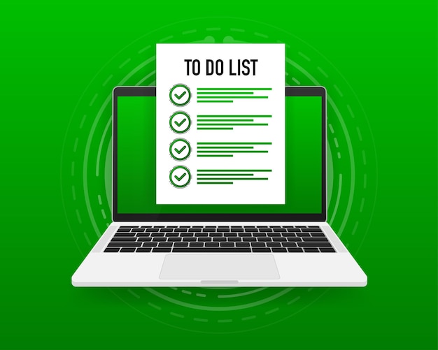 Para hacer la lista o la lista de verificación en la pantalla de la computadora. Hojas de papel con icono de marca. Aislado sobre fondo verde. ilustración vectorial