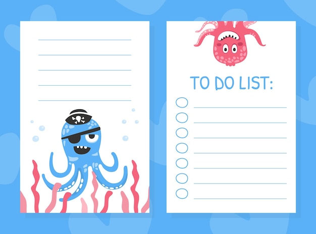 Para hacer una lista de plantillas decoradas por personajes piratas de pulpo Ilustración vectorial