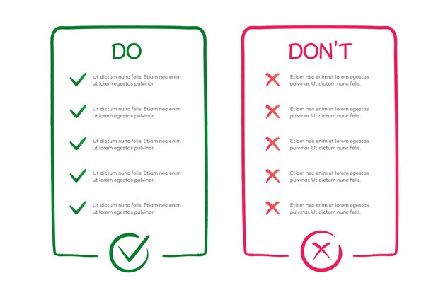 Hacer y no hacer plantilla de infografía marco de estilo de dibujo manual vector 10 eps