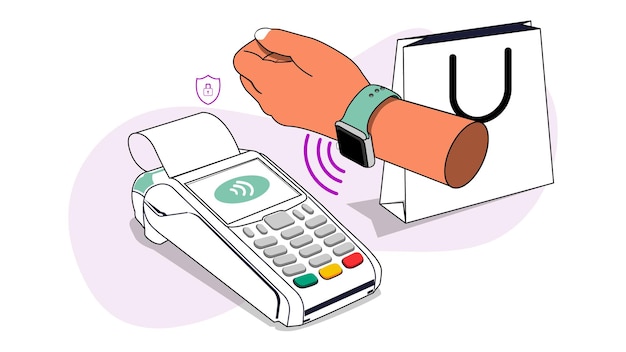 Hacer el pago en la tienda para la ilustración vectorial del concepto de punto de venta (POS) usando tecnología NFC