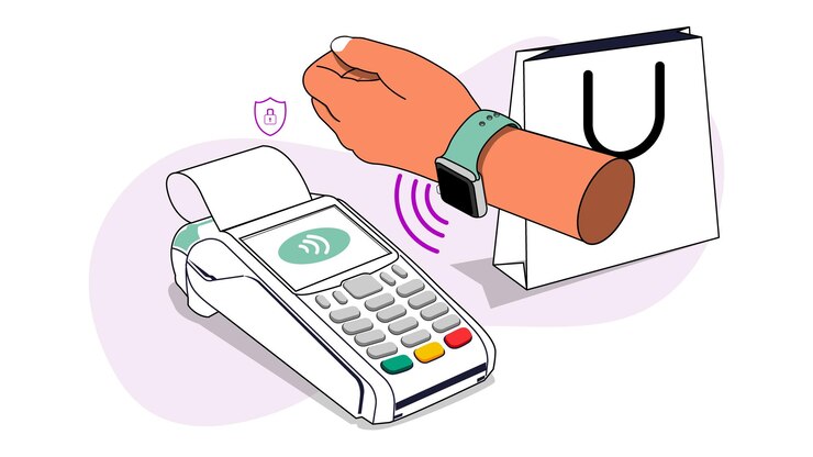 Hacer el pago en la tienda para la ilustración vectorial del concepto de punto de venta (POS) usando tecnología NFC