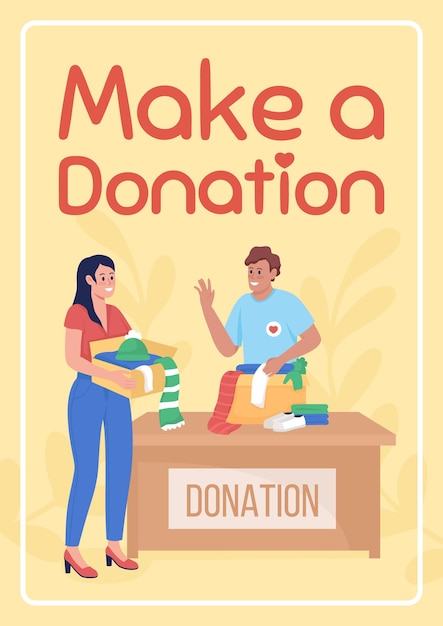 Hacer plantilla de vector plano de cartel de donación. Fuente Sniglet utilizada. Folleto, diseño de concepto de una página de folleto con personajes de dibujos animados. Folleto de juguetes y ropa para caridad, folleto con espacio para copiar