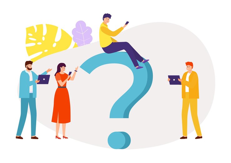 Vector hacer pregunta solicitar pequeño personaje juntos sentado signo de interrogación servicio de búsqueda plano vector ilustración aislado en blanco