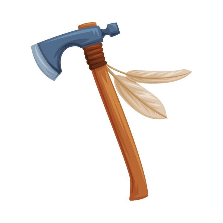 Vector hacha india con plumas y mango de madera como ilustración vectorial de objetos del oeste salvaje