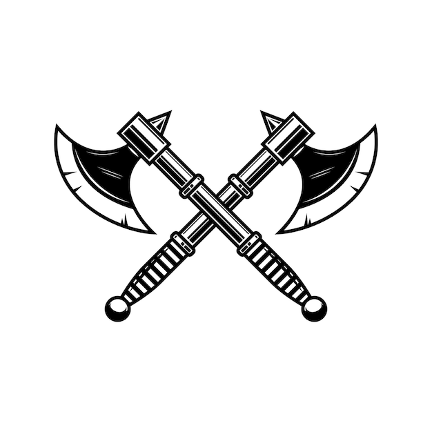 Hacha medieval cruzada. Elemento de diseño de etiqueta, insignia, signo.