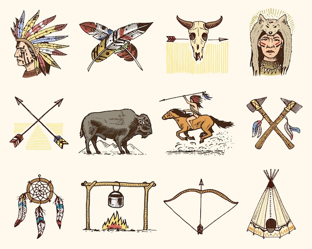 Vector hachas de búfalo indio o nativo americano y flechas de tienda y cráneo de arco atrapasueños y tomahawk cherokee conjunto de etiquetas o insignias antiguas dibujadas a mano vintage grabadas