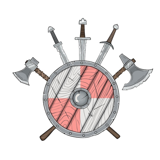 Hachas cruzadas vikingas, espada y escudo, ilustración vectorial aislada en un fondo gris