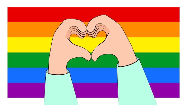 Haciendo corazón con las manos sobre un fondo de bandera arco iris LGBT. Concepto de orgullo LGBT